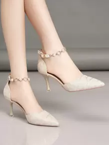 秋冬季闭趾高跟鞋，尖头细跟，优雅套穿式，饰以珍珠和钻石搭扣，适合四季穿着，优雅，派对必备。 - 杏色 - 查看 2