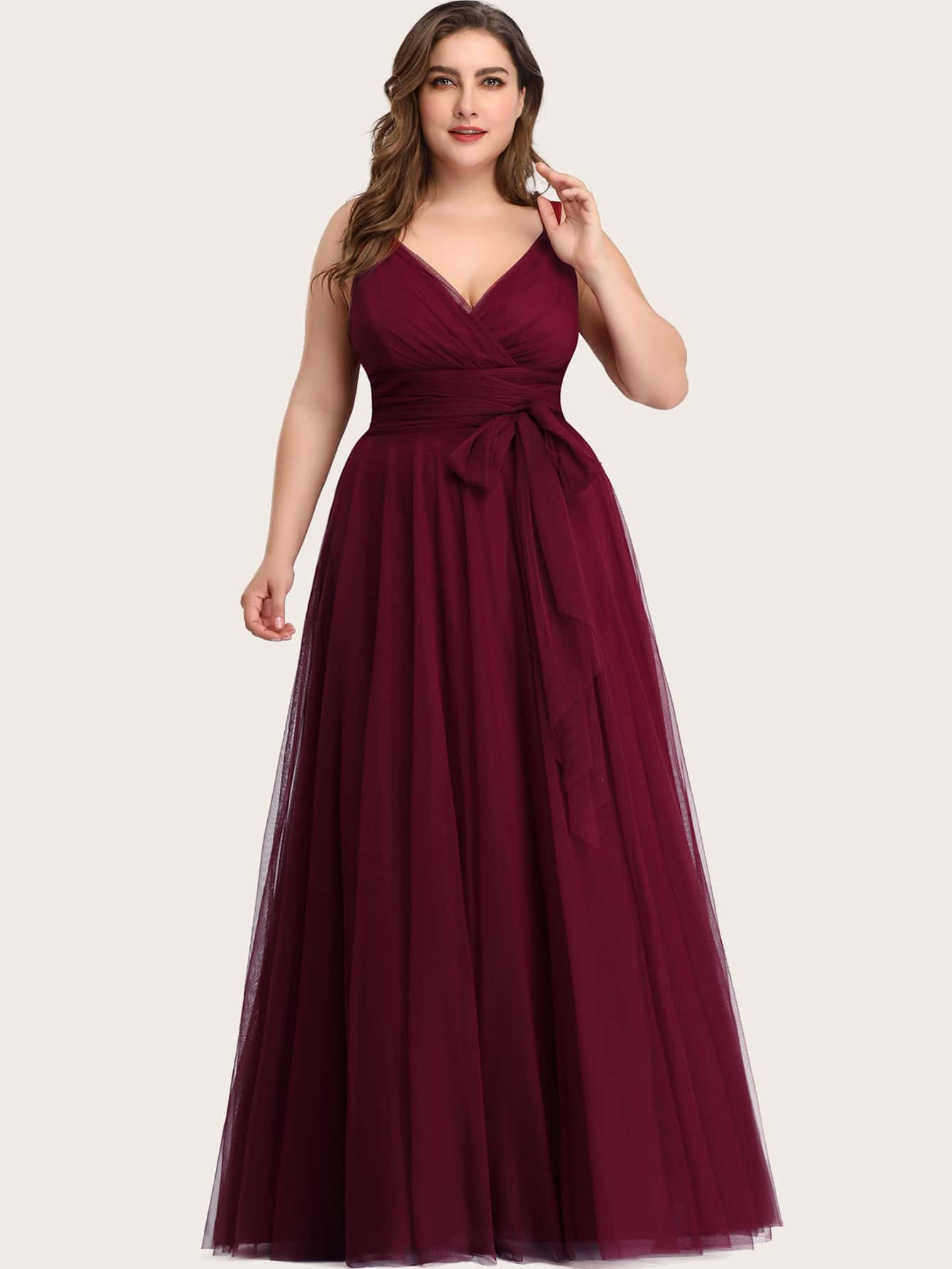 Plus Belted Mesh Bridesmaid Dress - Burgundy - View 1