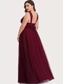 Plus Belted Mesh Bridesmaid Dress - Burgundy - View 2
