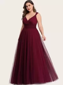 Plus Belted Mesh Bridesmaid Dress - Burgundy - View 3