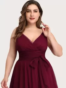 Plus Belted Mesh Bridesmaid Dress - Burgundy - View 4