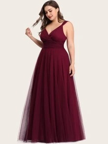 Plus Belted Mesh Bridesmaid Dress - Burgundy - View 5