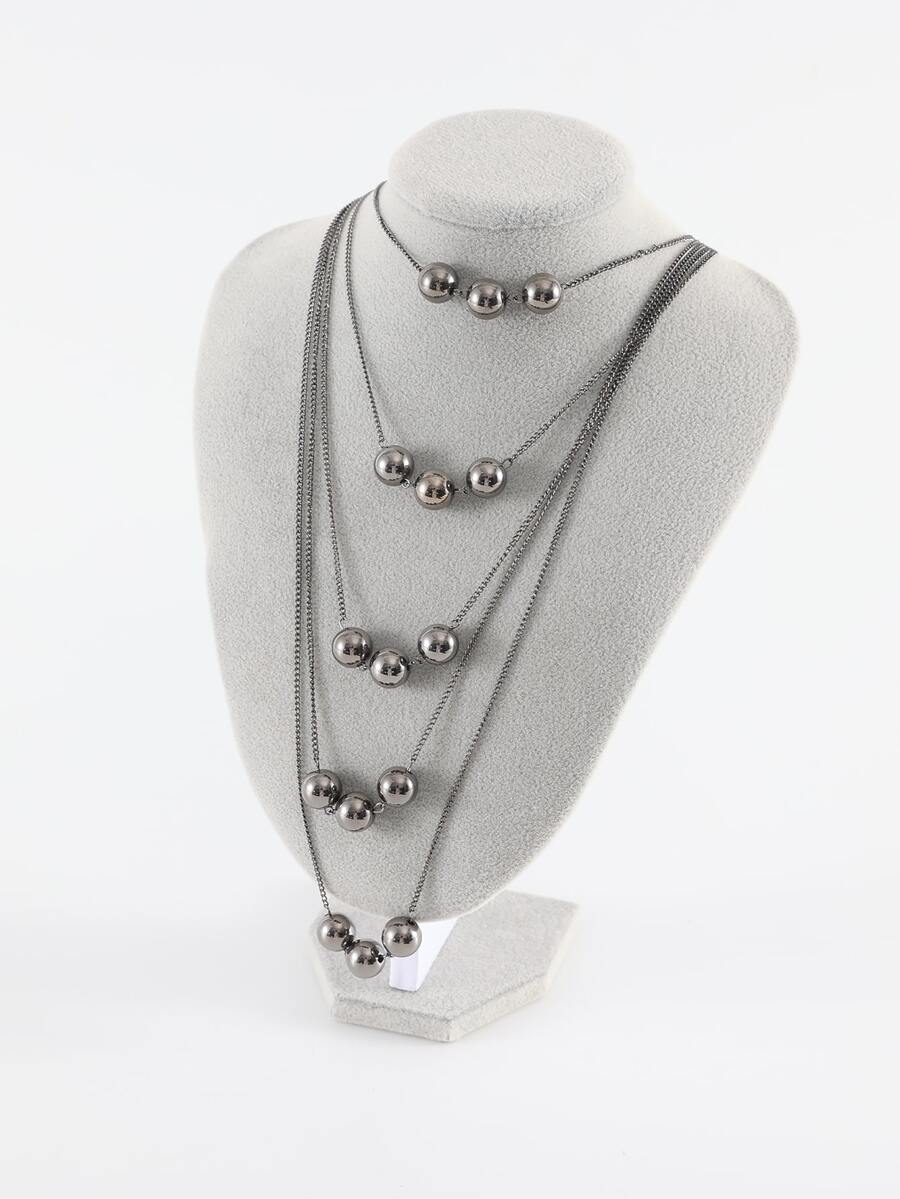 Bead Decor Layered Necklace - Gun Black - View 1