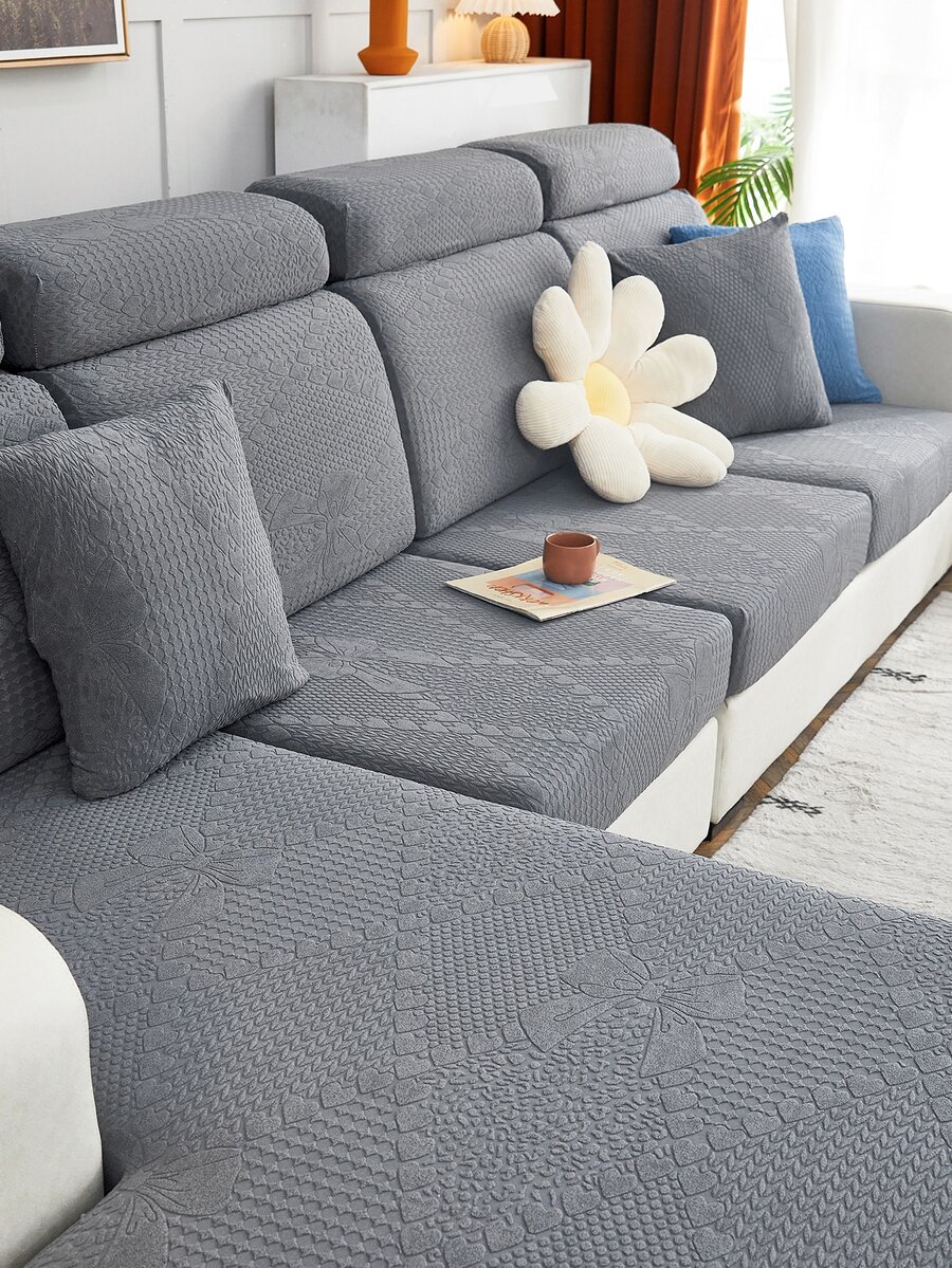 1pc Grey Sofa Seat Cushion Cover, Bow Jacquard Stretchy Sofa Cushion Cover For Living Room - Grey - View 1