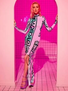 GXP 字母人物圖案小高領緊身洋裝 - 彩色 - 查看 1