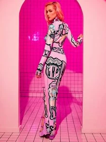 GXP 字母人物圖案小高領緊身洋裝 - 彩色 - 查看 2