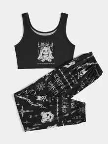 ROMWE Goth Letter Cartoon Graphic PJ Set, School - Black and White - View 1