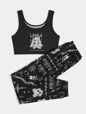 Goth Letter Cartoon Graphic PJ Set, School