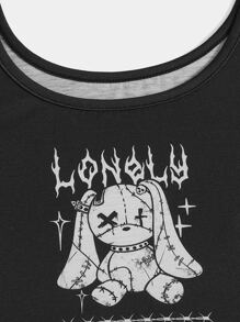 ROMWE Goth Letter Cartoon Graphic PJ Set, School - Black and White - View 4