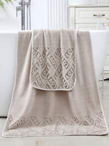1pc Beige Bath Towel Or Towel, Modern Microfiber Letter Detail Towel For Bathroom - Khaki - View 2