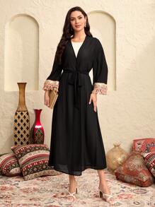 Modelyn Contrast Sequin Fringe Trim Belted Kimono - Black - View 2