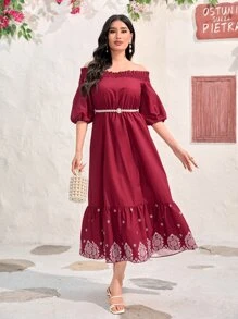 Modelyn Burgundy Red Floral Embroidery Off Shoulder Ruffle Hem Dress Without Belt