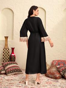 Modelyn Contrast Sequin Fringe Trim Belted Kimono - Black - View 3