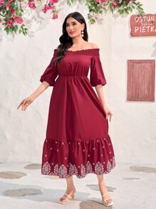 Modelyn Burgundy Red Floral Embroidery Off Shoulder Ruffle Hem Dress Without Belt
