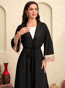 Modelyn Contrast Sequin Fringe Trim Belted Kimono - Black - View 4