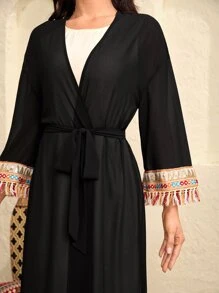 Modelyn Contrast Sequin Fringe Trim Belted Kimono - Black - View 6