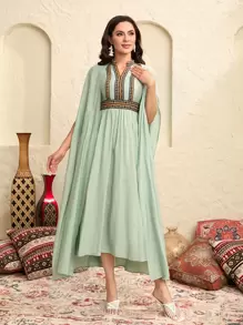 Modelyn 缺口領刺繡織帶連衣裙和斗篷外套 - 薄荷綠 - 查看 6
