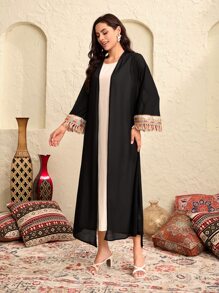 Modelyn Contrast Sequin Fringe Trim Belted Kimono - Black - View 1