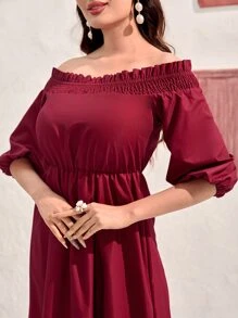 Modelyn Burgundy Red Floral Embroidery Off Shoulder Ruffle Hem Dress Without Belt