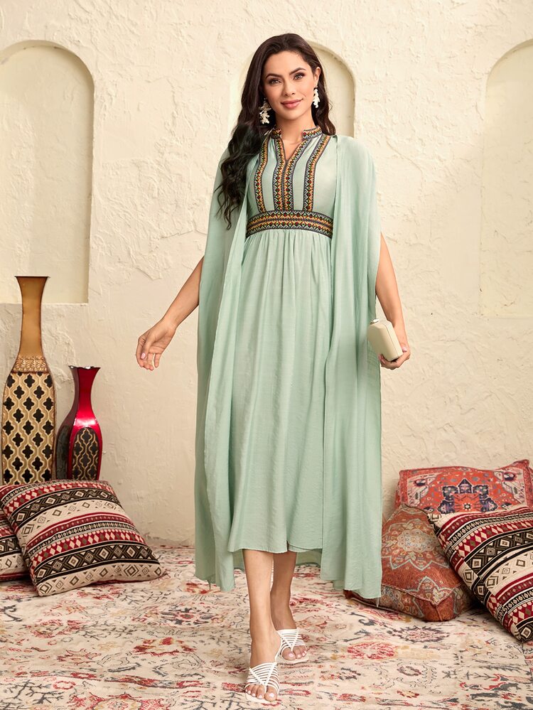 Notched Neck Embroidery Tape Dress & Cape Coat