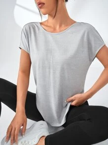 Yoga Basic Criss Cross Backless Batwing Sleeve Sports Tee - Grey - View 3