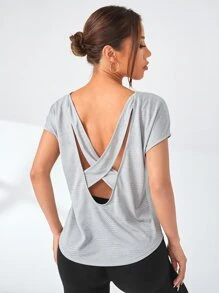 Yoga Basic Criss Cross Backless Batwing Sleeve Sports Tee - Grey - View 5