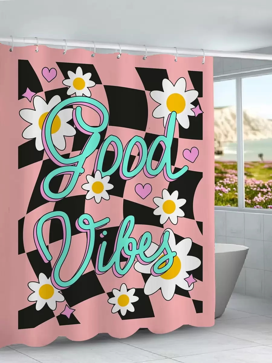 1入組裝浴用滌綸浴簾現代主義花卉和字母圖形浴簾襯墊 - 彩色 - 查看 1