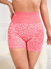 Yoga Trendy 豹紋印花寬腰帶運動短褲 - 西瓜粉 - 查看 4