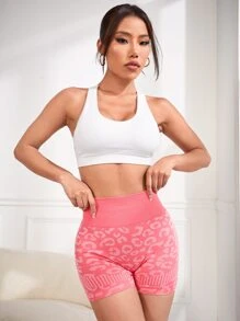 Yoga Trendy 豹紋印花寬腰帶運動短褲 - 西瓜粉 - 查看 7
