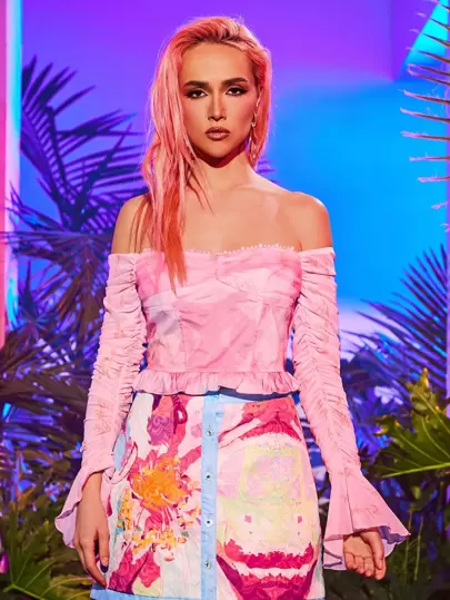 CHIASMO Designer Dam Grafiskt tryck Off Shoulder Volangärm Ruched Volanger Fåll Mesh Top, För semester, Vår, Gå ut, Festival