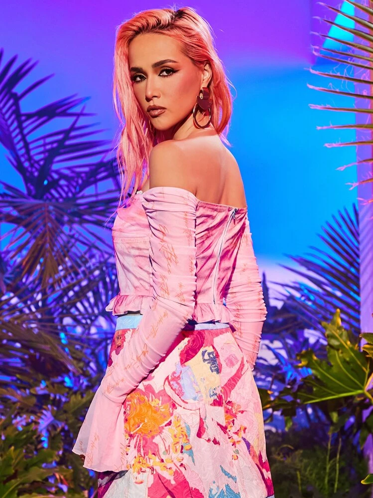 CHIASMO Áo lưới hở vai tay bèo nhún họa tiết thiết kế dành cho nữ, dành cho ngày lễ, mùa xuân, đi chơi, lễ hội - Màu Hồng baby - Xem 2