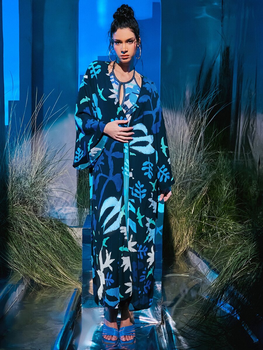 The Sky is the Limit Leaf Print Belted Kimono, For Holiday, For Summer Beach Vacation - Multicolor - View 1