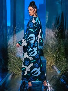 The Sky is the Limit Leaf Print Belted Kimono, For Holiday, For Summer Beach Vacation - Multicolor - View 2