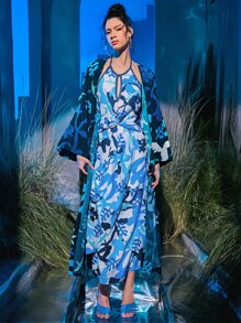 The Sky is the Limit Leaf Print Belted Kimono, For Holiday, For Summer Beach Vacation - Multicolor - View 3