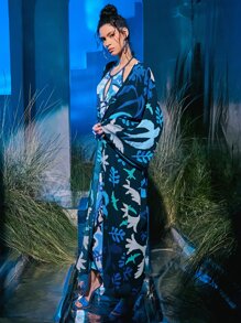 The Sky is the Limit Leaf Print Belted Kimono, For Holiday, For Summer Beach Vacation - Multicolor - View 4