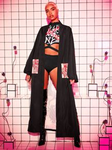 ElyTen Letter Graphic Cut Out Waist Tank Bodysuit - Black - View 3