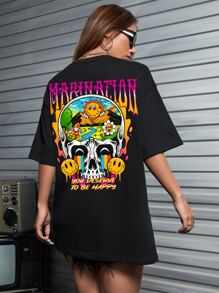 Jena998 Skull & Letter Graphic Drop Shoulder Oversize Tee - Black - View 1