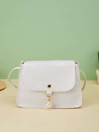 女孩鱷魚壓紋人造珍珠裝飾翻蓋方包