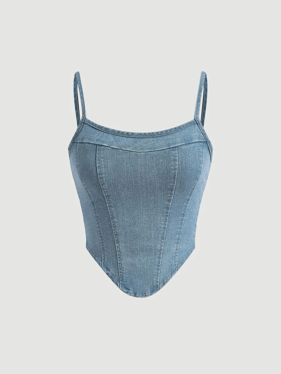 SHEIN MOD Solid Asymmetrical Hem Cami Denim Top - Light Wash - View 1