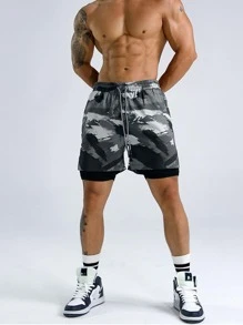 Manfinity Running Boyfriend Style Men Brush Print Drawstring Waist 2 In 1 Sports Shorts Gym Shorts Sweat Pants - Multicolor - View 1