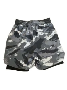 Manfinity Running Boyfriend Style Men Brush Print Drawstring Waist 2 In 1 Sports Shorts Gym Shorts Sweat Pants - Multicolor - View 2