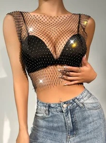 Zolique Rhinestone Detail Sheer Mesh Tank Top Without Bra - Black - View 1