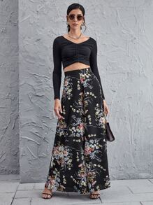 SHEIN Holidaya High Waist Floral Wide Leg Pants