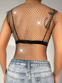 Zolique Rhinestone Detail Sheer Mesh Tank Top Without Bra - Black - View 2