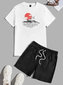 Manfinity Hombres montaña & con estampado de sol Camiseta & de cintura con cordón Shorts - Blanco y Negro - Ver 1
