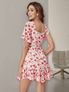 Vestido con estampado de corazón fruncido bajo con fruncido - Rojo y blanco - Ver 2
