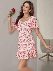 Vestido con estampado de corazón fruncido bajo con fruncido - Rojo y blanco - Ver 3