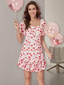 Vestido con estampado de corazón fruncido bajo con fruncido - Rojo y blanco - Ver 4