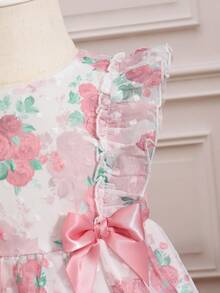 Toddler Girls Allover Floral Print Ruffle Trim Bow Front Dress - Multicolor - View 5