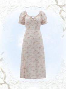 ROMWE Kawaii Ditsy Floral Frill Knot Front Split Dress - Multicolor - View 1